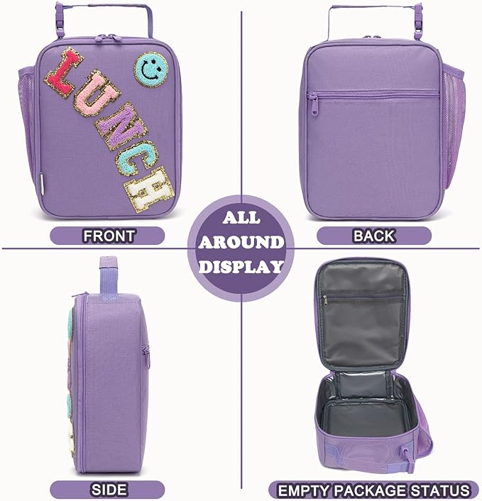 FlowFly Lunch box Insulated Soft Bag Mini Cooler Back to School Thermal Meal Tote Kit With Buckle and Mesh Side Pocket for Girls, Boys, PurpleWithLetter