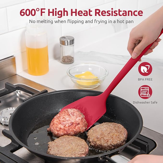 600ºF Heat Resistant Silicone Turner: U-Taste 13.6in Long Solid & Slotted Thick Kitchen Spatula Flipper, Large Flexible Cooking Utensil for Flipping Egg, Pancake in Nonstick Cookware (Rose Red, 2PCS)