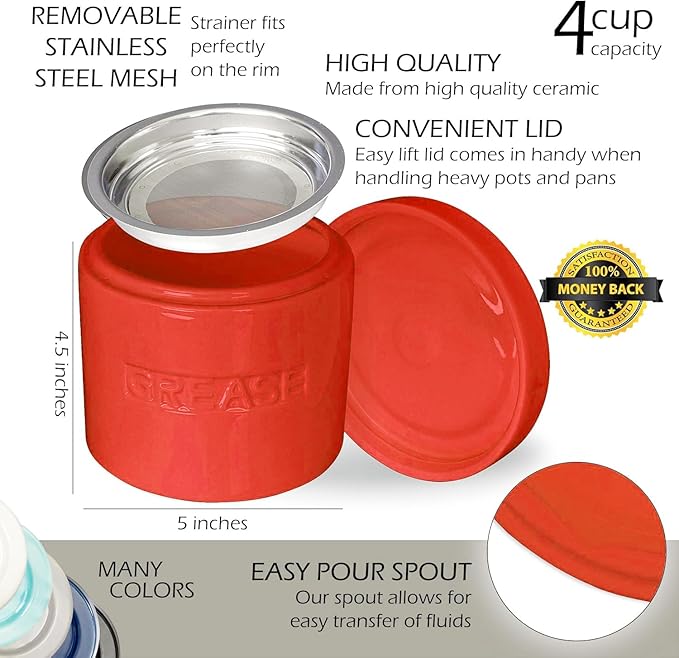 Bacon Grease Saver with Strainer - Ceramic Grease Container 1L Storage Canister | Holds Bacon Fat Drippings | Oil Keeper for Kitchen Counter Storage
