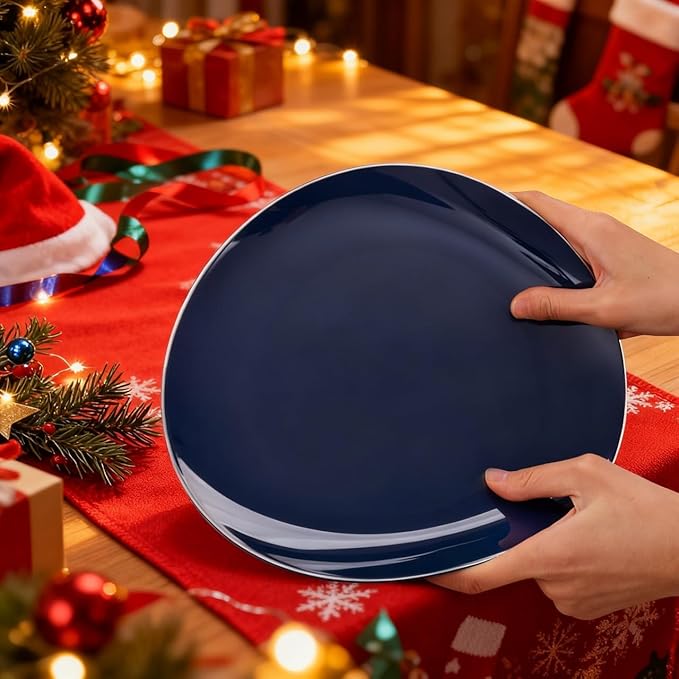 KIRE 200PCS Blue Plastic Plates with Silver Rim - Navy Blue Plastic Plates Include 100 Dinner & Dessert Plate - Heavy Duty Dark Blue Disposable Plate for Parties/Wedding