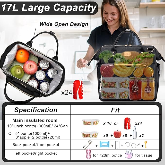 Weitars Lunch Bag for Women Cute Lunch Bag For Work,Insulated Lunch Box Cooler Bag Leakproof Wide-Open Lonchera Lunchbag Lunch Tote With Pockets And Adjustable Strap For Office Picnic Beach