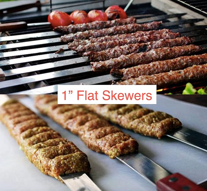 Premium Stainless Steel Barbecue Skewers BBQ Outdoor Grill Skewer stick with Solid Wood Handle for Grilling Shish Kebob Koubideh Persian Brazilian Kebab 1" wide and 24" long (12pcs)