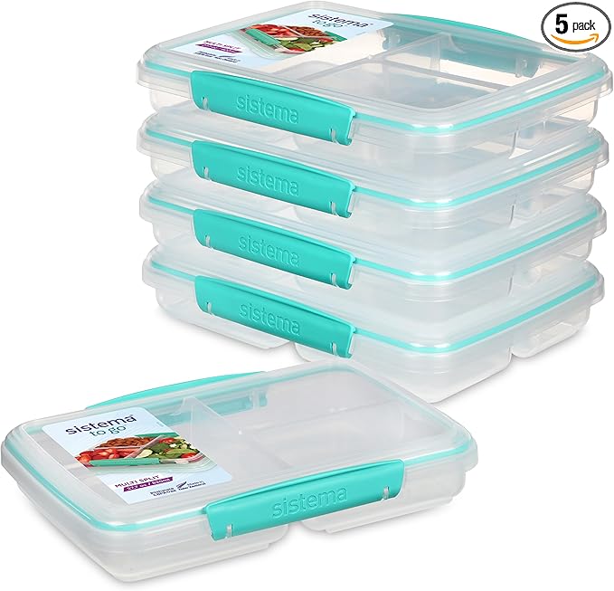 Sistema 5-Piece Food Storage Containers with 3 Compartments and Lids for Meal Prep, Dishwasher Safe, 11.8oz, Clear/Green