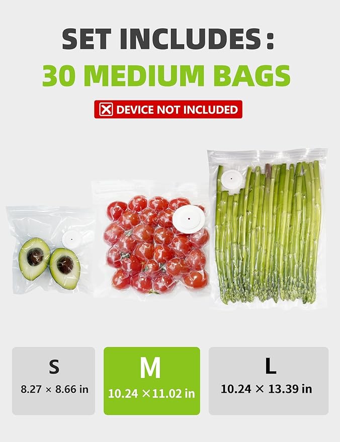 Vacuum Sealer Bags, Reusable Vacuum Zipper Bag, BPA Free Heavy Duty Vacuum Storage Bag for Food 15 Bags (15 Medium Bags (10.24x11.02 in))
