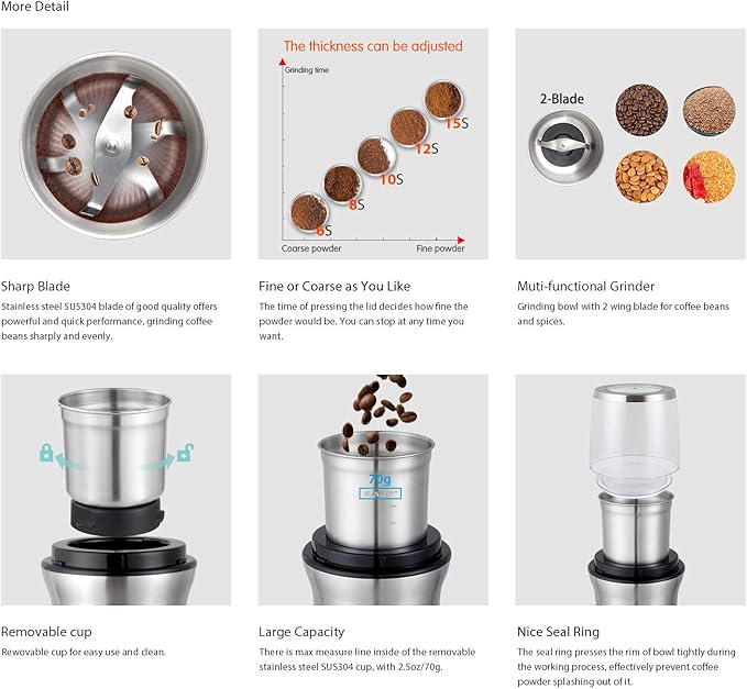 DR MILLS DM-7412N Coffee Grinder Electric, Spice Grinder Electric, Detachable Cup, Blade & Cup Made with SUS304 Stainless Steel,200w Small Food Grinder