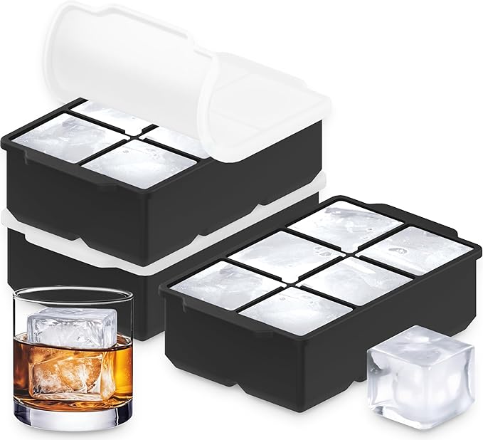 KitchFort Large Silicone Ice Cube Tray (3-Pack), Easy Release 2" Big Ice Cubes - Cocktail, Whiskey Ice Cubes Mold - Ice Trays for Freezer with Lid - Stackable Silicone Ice Tray - Black
