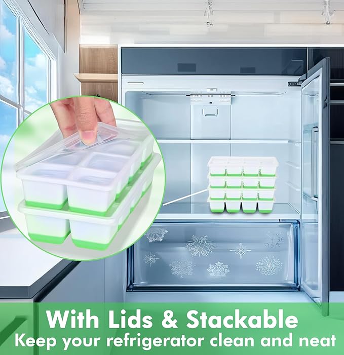 Large Ice Cube Trays with Lid, Jrisbo 2 Pack Stackable Silicone Ice Cube Molds for Freezer, Easy Release 16 Big Square Ice Trays for Whisky Cocktails