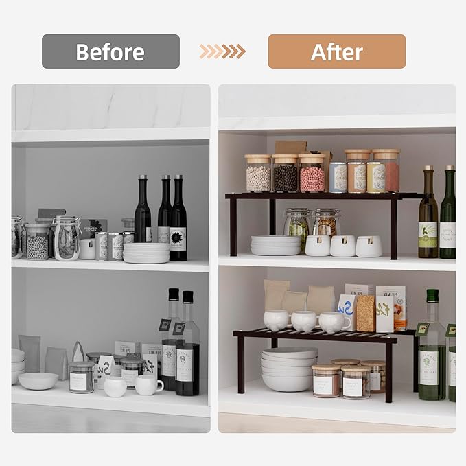 STORAGE MANIAC Set of 4 Expandable Kitchen Cabinet Organizer Shelf Kitchen Counter Shelves Spice Rack Kitchens Storage Wire Shelf Adjustable Metal Pantry Storage for Plate Dish, Brown
