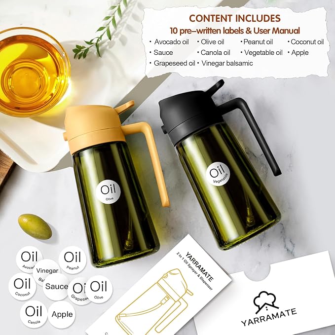 YARRAMATE 16oz/470ml Light-Blocking Dark Oil Sprayer for Cooking, 2 in 1 Olive Oil Dispenser Bottle for Kitchen, Premium Dark Green Glass Oil Bottle, Food-Grade Oil Mister for Air Fryer, BBQ (Orange)