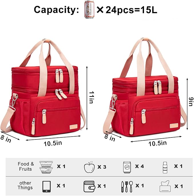 Weitars Lunch Bag for Women, Loncheras Para Mujer Waterproof Reusable Large Dual Compartment Lunch Box Wide-Open Cooler Tote Bag For Nurse Office Working Picnic Hiking (15L) (Red)