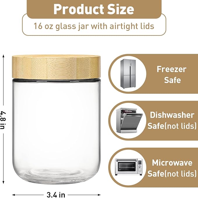 Overnight Oats Containers with Lids,16oz Wide Mouth Glass Mason jars with Bamboo Lid,Oatmeal Containers with Airtight Lid and Spoons,Meal Prep Jars for Yogurt,Chia Pudding,Snacks,Salad,Spice(6Pack)