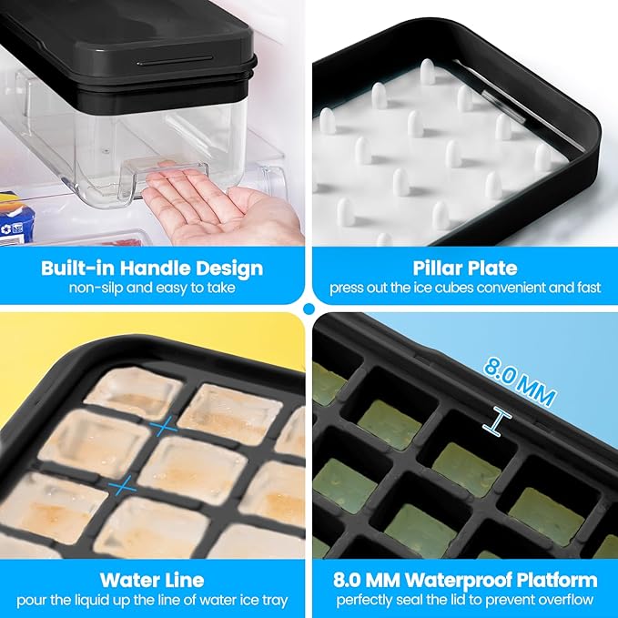 PHINOX Ice Cube Tray with Lid and Bin, 3 Pack Plastic Ice Cube Tray Molds, 96(4*8*3) pcs Ice Trays for freezer, Chilling Drinks, Whiskey & Cocktails, with Ice Container and Ice Scoop, BPA-Free, Black