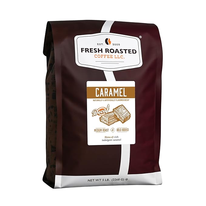 Fresh Roasted Coffee, Decaf Caramel Flavored Coffee, 5 lb (80 oz), Medium Roast, Kosher, Whole Bean