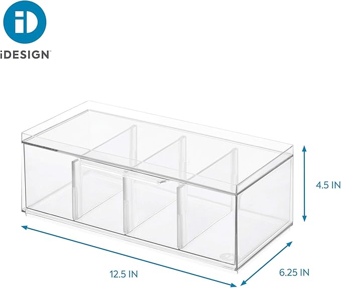 iDesign Tea Bag Organizer for Counter, 4-Section Clear Stackable Tea Storage Drawer for Cabinet