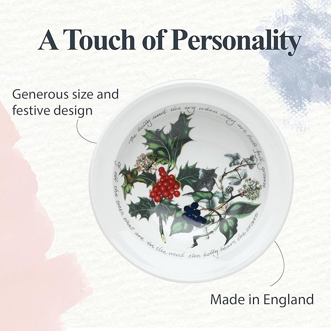 Portmeirion Holly and Ivy 6.5" Cereal Bowls (Set of 6) - Dishwasher & Microwave Safe Round Bowls, Hand-Decorated Earthenware, Everyday Breakfast Bowls for Holiday Dinnerware