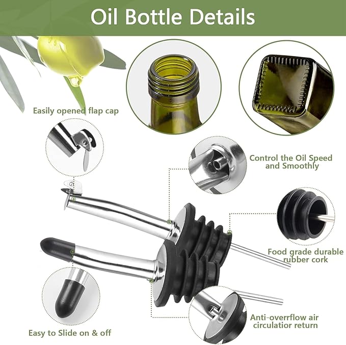 2 Pcs Green Glass Olive Oil Dispenser and Vinegar Dispenser Set with 2 Stainless Steel Pourers, 4 Labels, 1 Brush, 1 Funnel (500ml) for Kitchen, Cooking, Salad Dressing, Barbecue, Mixing