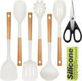 Large Silicone Cooking Utensils Set 7 Pcs, Wooden Handles Heat Resistant Spatula Set, Food Grade Silicone Kitchen Utensils Set with Holder, Gadgets BPA Free for Non-Stick Cookware