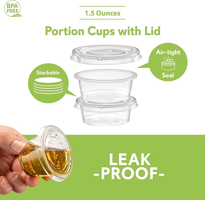 {1.5 oz - 100 Sets} Clear Diposable Plastic Portion Cups With Lids, Small Mini Containers For Portion Controll, Jello Shots, Meal Prep, Sauce Cups, Slime, Condiments, Medicine, Dressings, Crafts, Disposable Souffle Cups & Much more
