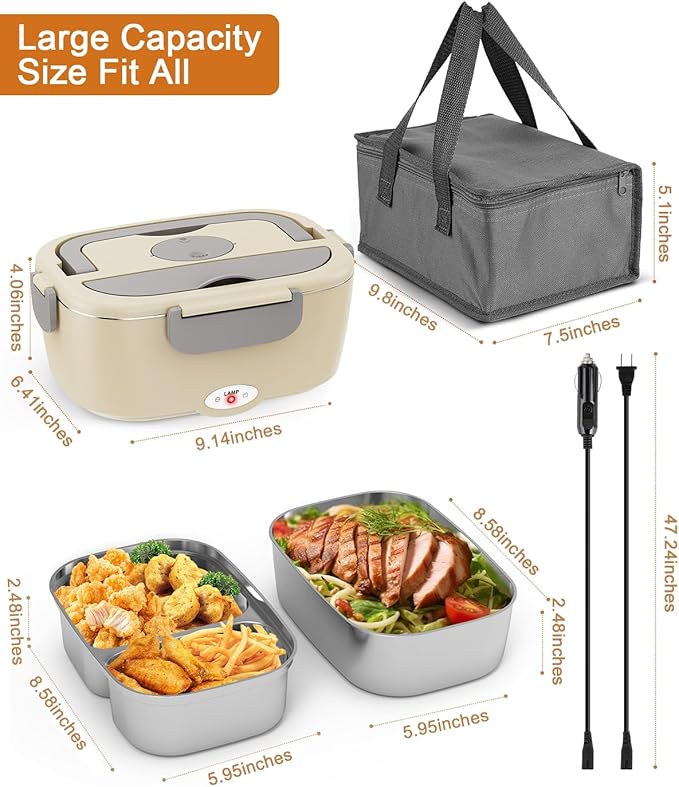 Electric Lunch Box for Men, Women & Adults - 80W Fast Heating - Heated Lunch Box with Dual 1.5L SS Containers - Portable Food Warmer for Car, Truck, Office