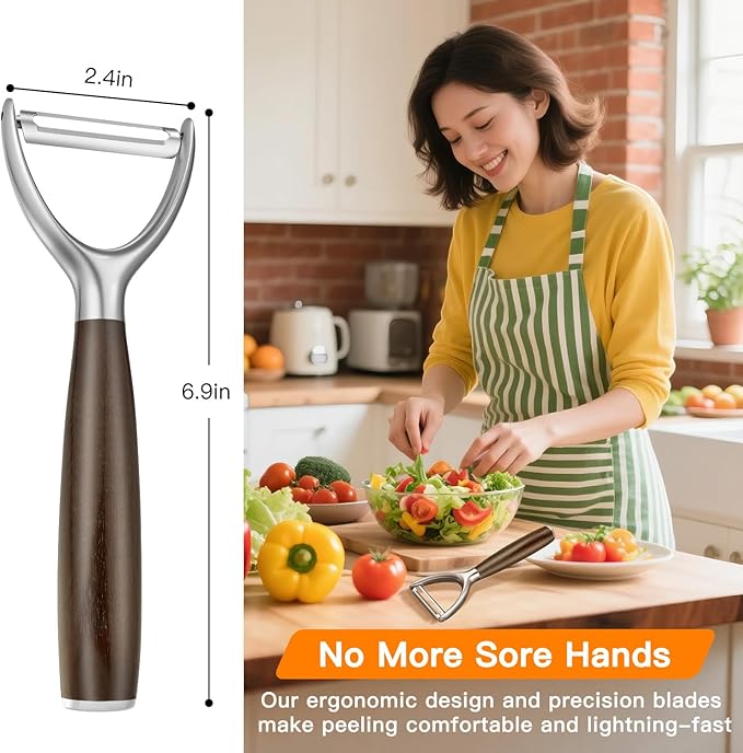 JUSEEPO Premium Vegetable Peeler, Y Type Swivel 304 Stainless Steel Blade Comfortable Solid Wood Handle, Practical gift for the home kitchen mom grandma for Veggie, Fruit, Potato(Charred Wood)
