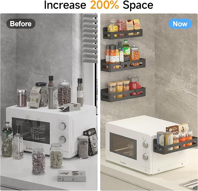 4 Pack Magnetic Spice Rack for Refrigerator, Spice Rack Organizer, Moveable Magnetic Shelf Fridge Organizer with 4 Hooks for Kitchen and Oven Organization, Black
