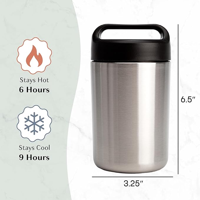 Goodful Stainless Steel Food Jar, Double Wall Vacuum Sealed Insulated Food Storage Container with Carry Handle Lid, 16-Ounce, Stainless Steel