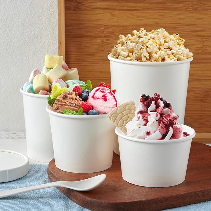 JOLLY PARTY 50pack 16oz Paper Soup Containers with Lids, Disposable Paper Food Cups, Ice Cream Cups, Food Storage with Lids, Microwavable and Freezer Safe, Suitable for Christmas Thanksgiving (White)
