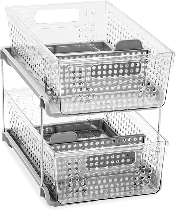 madesmart 2-Tier Organizer, Multi-Purpose Slide-Out Storage with Handles and Dividers for Home and Bath, BPA Free, Clear/Gray