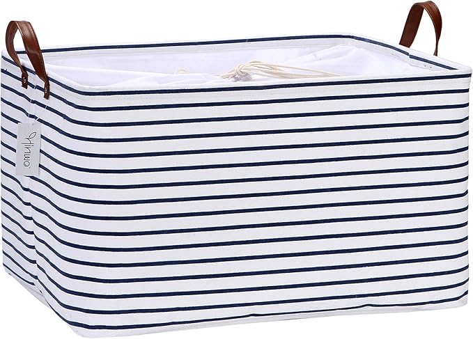 Hinwo 70L Extra Large Storage Bins, Closet Organizers and Storage, Foldable Clothes Storage Baskets with Handles, Containers for Clothing, Blanket, Comforters, Toys, Bedding (Navy Stripe)