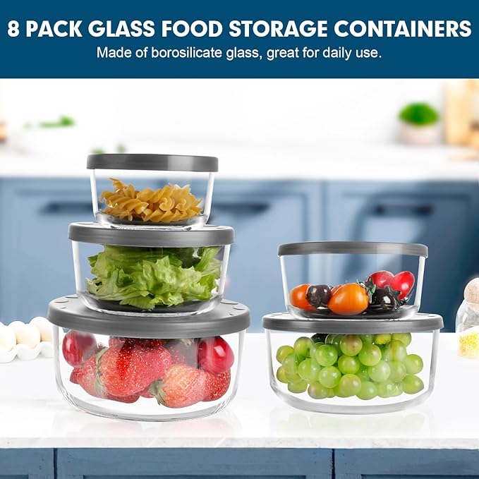 M MCIRCO 8-Pack Glass Food Storage Containers Set, Round Containers with Lids, 7, 4, 2 & 1-Cup, Microwave Dishwasher Friendly, BPA-Free Meal Prep Containers