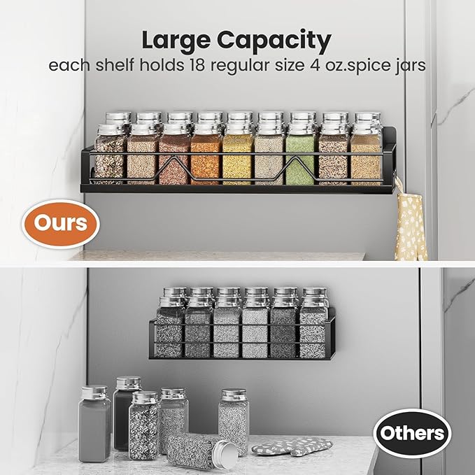 16.9 Inch Wide Large Capacity Magnetic Spice Rack for Refrigerator, 5 Pack Metal Fridge Shelf, Black