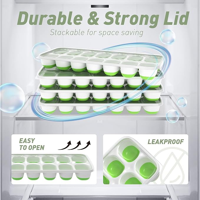 Ice Cube Tray with Lid, 2 Packs 28 Cubes Durable Stackable Ice Cube Trays for Freezer with Removable Lids, Easy-Release Plastic & Silicone Ice Tray for Cocktail, Coffee