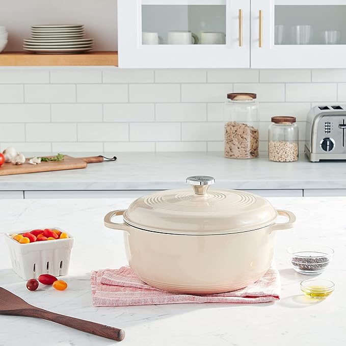 Lodge 7.5 Quart Enameled Cast Iron Dutch Oven with Lid – Dual Handles – Oven Safe up to 500° F or on Stovetop - Use to Marinate, Cook, Bake, Refrigerate and Serve – Sandalwood
