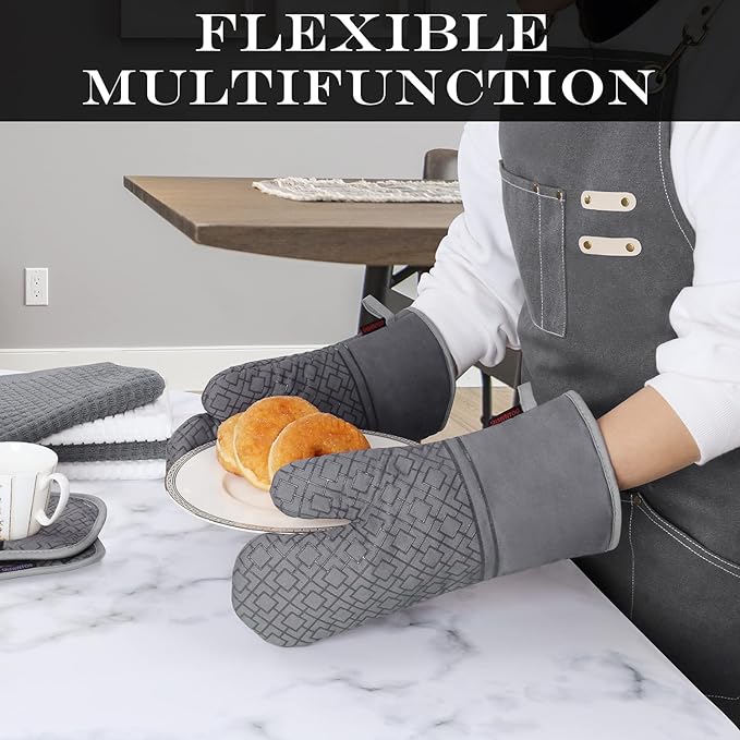 Oven Mitts and Pot Holders Sets 6pcs, Kitchen Oven Glove,High Heat Resistant 550 Degree Extra Long Oven Mitts and Potholders with Non-Slip Silicone Surface for Apartment Essentials (Grey) (Gray)