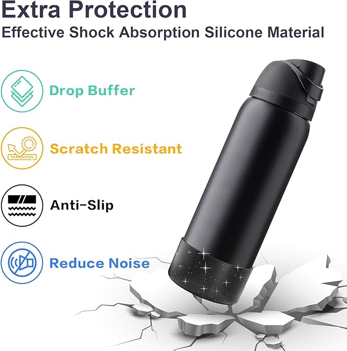 2PCS Silicone Water Bottle Boot for Owala 40oz, Protective Bottom Bumper Anti-Slip Sleeve for FreeSip, Twist, and Flip Stainless Steel Bottles, Dishwasher Safe and BPA Free(Shiny Black)