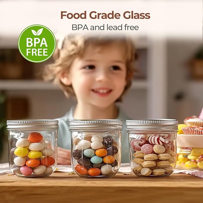 ComSaf Wide Mouth 8 oz Mason Jars with Lids, 6 Pcs Small Mason Containers, Canning Jars, 8oz Glass Jar with Lid, Canning Jars for Jams, Jelly, Sauces, Desserts, chia pudding, Pickle, Gift