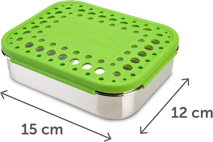 LunchBots Medium Trio II Snack Container - Divided Stainless Steel Food Container - Three Sections for Snacks On the Go - Eco-Friendly, Dishwasher Safe, BPA-Free - Stainless Lid - Green Dots