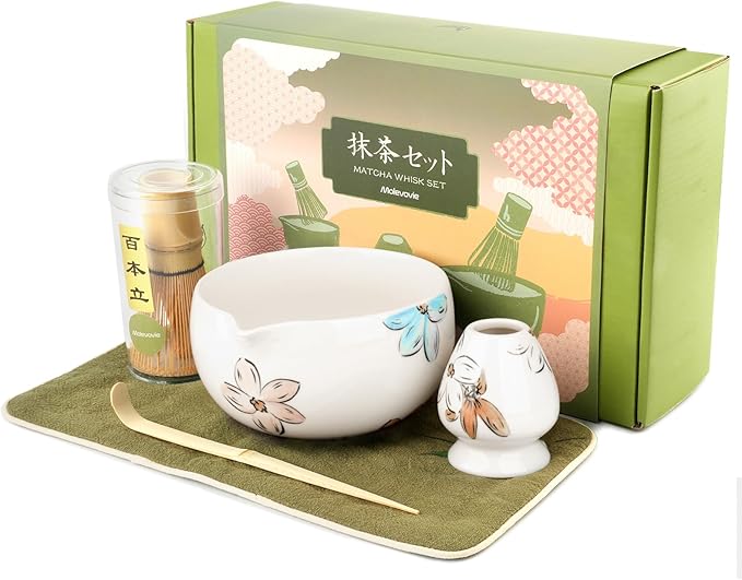Matcha Whisk Set – Ceramic Matcha Set with Matcha Bowl, Matcha Whisk & Holder, Bamboo Scoop, Tea Towel – 5-Piece Japanese Matcha Kit for Matcha Lovers, Beginners & Gifting (Multicolor, 17oz)