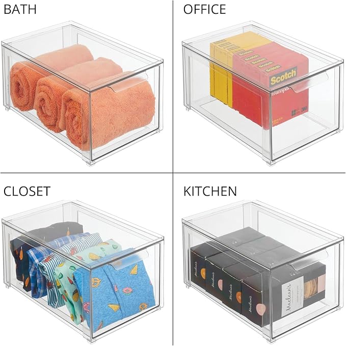 mDesign Plastic Stackable Bathroom Storage with Pull Out Bin Organizer Drawer for Cabinet, Vanity, Shelf, Cupboard, Cabinet, or Closet Organization - Lumiere Collection - 2 Pack - Clear