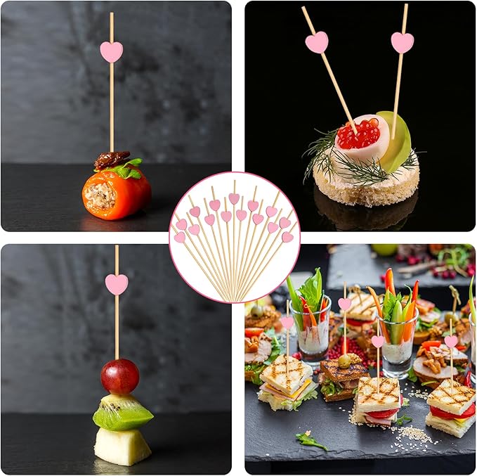 500 Pieces Pink Heart Toothpicks 4.7 Inch Fancy Bamboo Cocktail Picks for Frozen Appetizers Long Fruit Charcuterie Drink Sticks Wedding Party Valentines Day Decoration Party Supplies