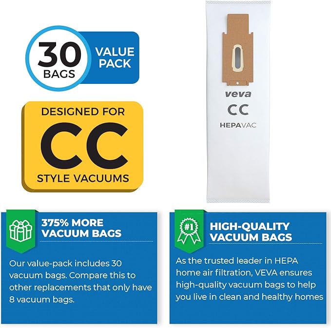 30 Pack Type CC HEPA Vacuum Bags for Oreck XL, XL5, XL7, XL21, 2000, 3000, 4000, 7000, 8000, 9000 Upright Vacuum Cleaner, Premium Hypo-Allergenic Bags