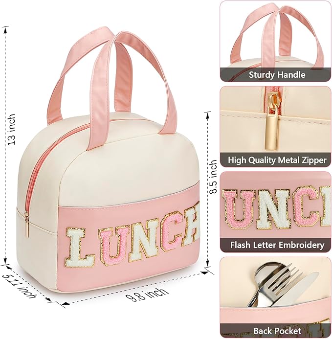 Lunch Bag for Women Insulated For Men PU leather Small Office Work lunch with Chenille Letters Leakproof Freezable Cooler Reusable Portable Box (White&Pink)