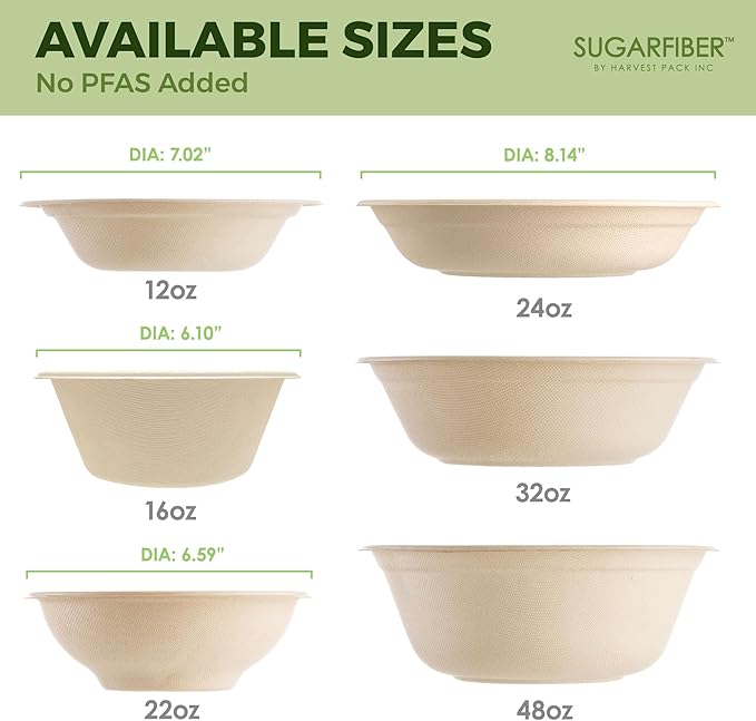 [500 COUNT]Harvest Pack PFAS FREE 32oz Round Paper Bowls, Compostable Heavy-Duty Eco-Friendly Disposable Bagasse Large Soup Bowls, sugarcane made for Meal Prep Takeout Dinnerware, Microwave Safe