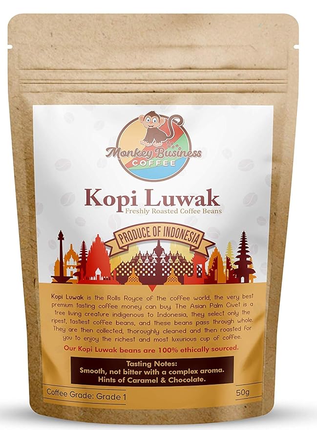 Monkey Business Coffee - Wild Kopi Luwak Coffee Ground Beans - Ethically Sourced - 50 Grams (1.75oz) (Other Weights & Bean Types Available) - Produce of Indonesia…