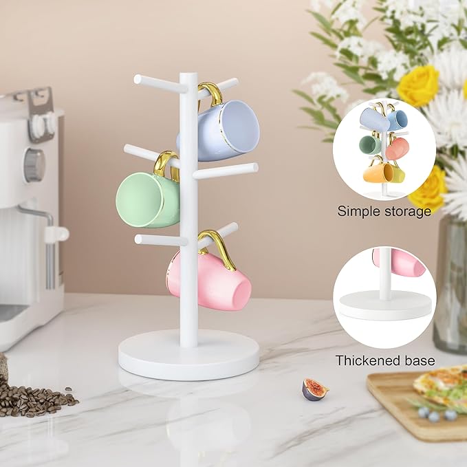 Wisuce White Coffee Mug Tree, Updated Thick Bamboo Mug Holder Base,Coffee Cup Stand Mug Holders with 6 Hooks for Countertop Organizer Stand