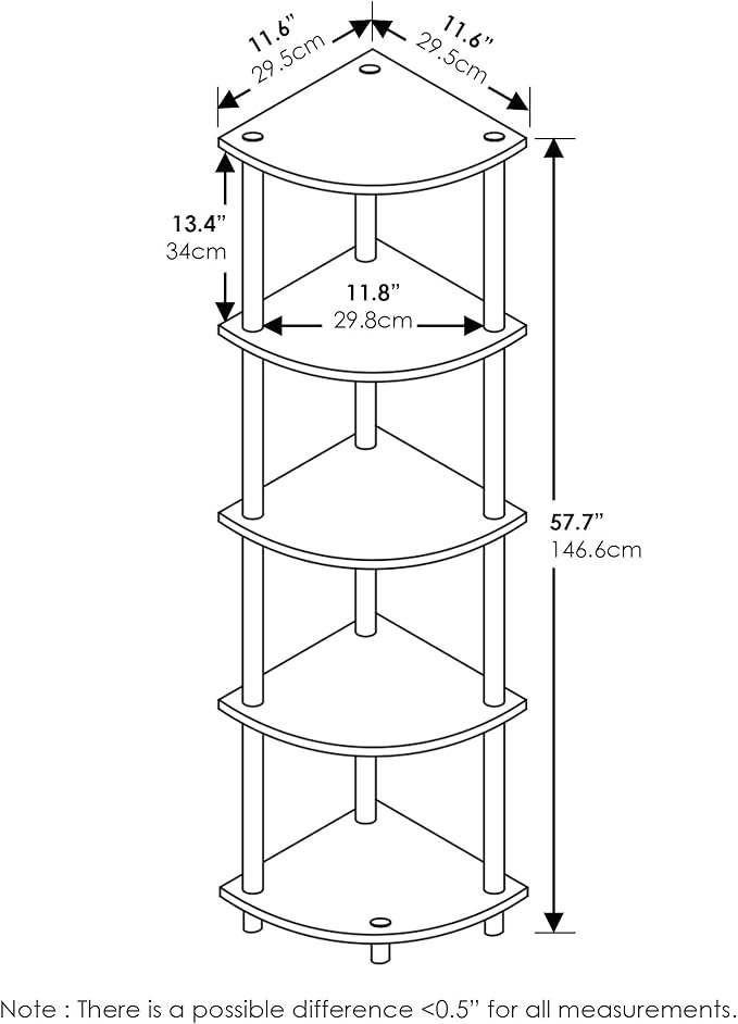 Furinno TURN-N-TUBE Corner Shelf Set of 2, 5-Tier Corner Bookshelf, Open Storage Shelves, for Organization and Storage, Living Room, Home Office, Garage, French Oak