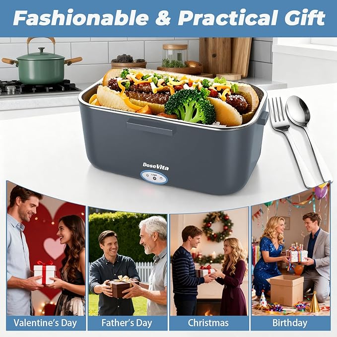 Electric Lunch Box for Adults, 80W Heated Lunch Box, 1.5L Stainless Steel Container | 12V/24V (Car/Truck) & 110V (Office/Home) | with Fork&Spoon and Insulated Carry Bag