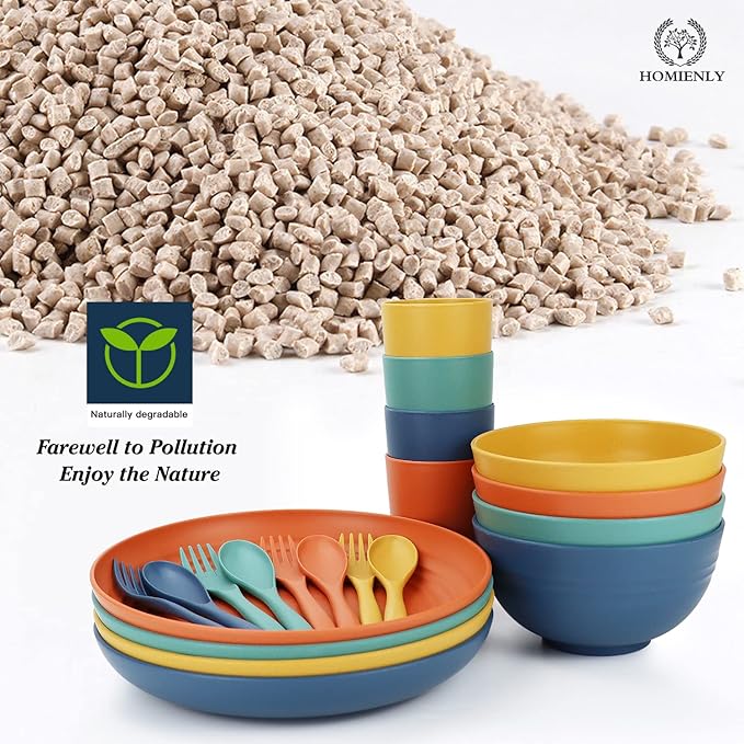 Homienly Wheat Straw Plates and Bowls Sets, 20 PCS Dishes Dinnerware Sets,Unbreakable Microwave and Dishwasher Safe Dish Set, Reusable Kids Plates and Bowls Sets for Kitchen, Outdoor, RV (Multicolor)