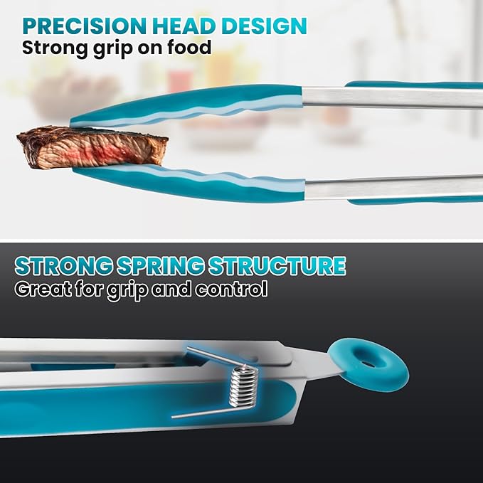 600℉ Heat Resistant Kitchen Tongs for Cooking with Silicone Tips,12-Inch Stainless Steel Locking Cooking Tongs Food Tongs for BBQ,Cooking,Salad and Serving Food,Heavy Duty,Non-Stick (Turquoise)