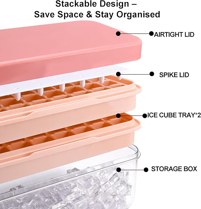 Ice Cube Tray with Lid and Bin, BPA Free Ice Maker for Freezer - 64 Grids Layerable Ice Cube Molds with Scoop & Container - Easy Release Ice Tray for Drinks, Cocktails, Whiskey, Mini Ice Cube Maker